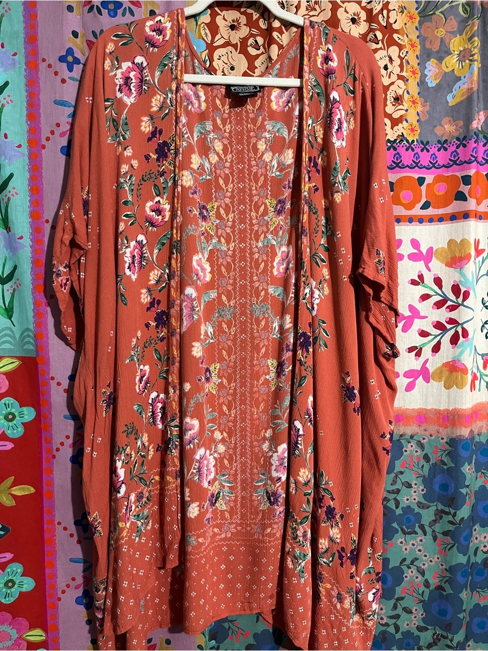 Angie Boho Rust Floral Rayon Kimono Size Small - Picture 2 of 9